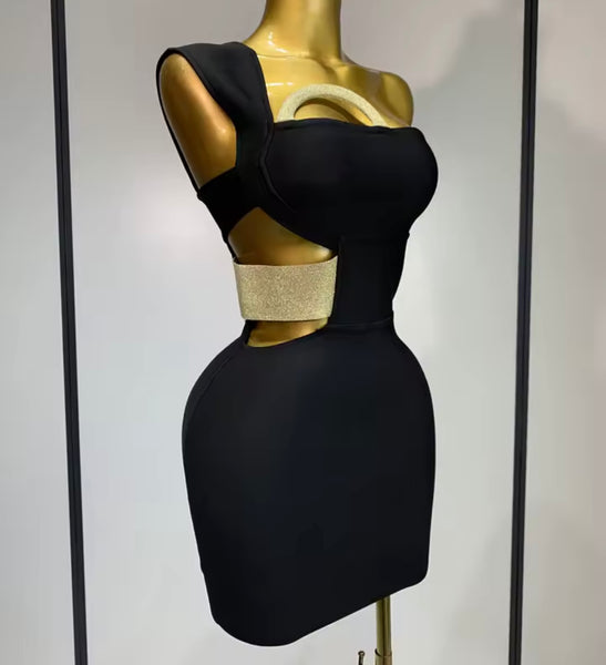 Women Black Sexy One Shoulder Sleeveless Cut Out Bandage Dress
