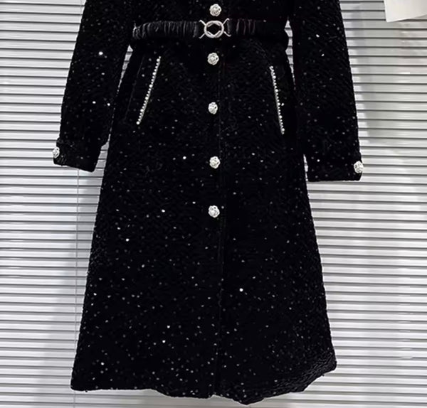 Women Fashion B&W Sequence Pearl Button Up Trench Jacket