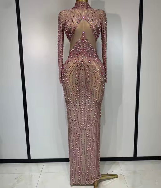Women Sexy Beaded Rhinestone Full Sleeve Mesh Maxi Dress