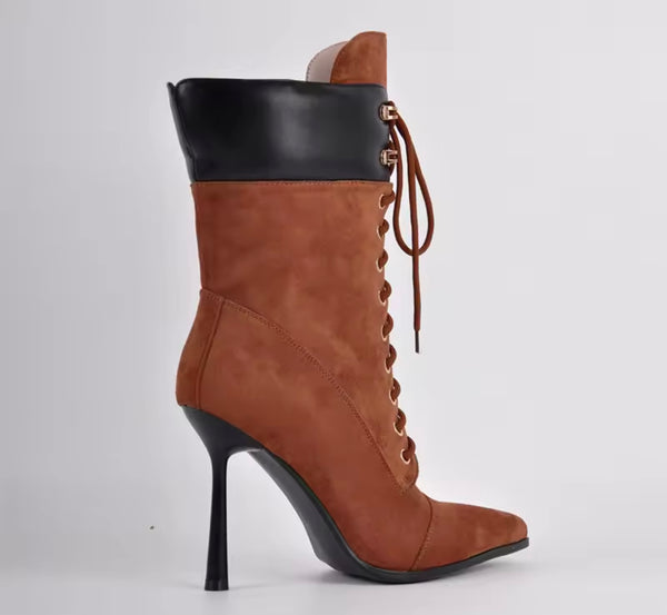 Women Fashion Color Pointed Toe Lace Up High Heel Ankle Boots