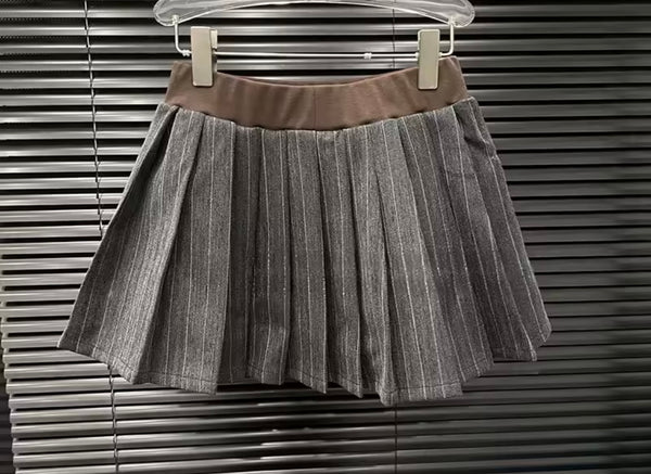 Women Striped Color Patchwork Two Piece Pleated Skirt Set