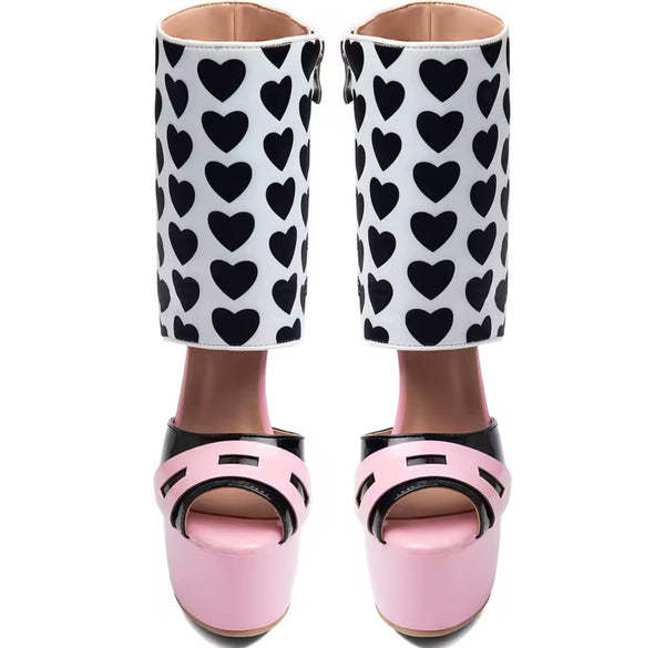 Women Color Patchwork Heart Open Toe Platform Ankle Boots