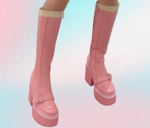 Women Fashion Pink Buckled Platform Zip Up Knee High Boots