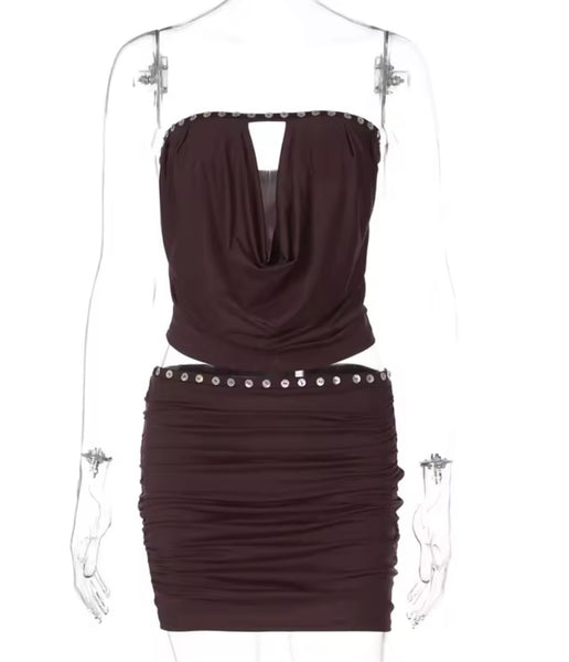 Women Brown Sexy Strapless Rivet Ruched Two Piece Skirt Set