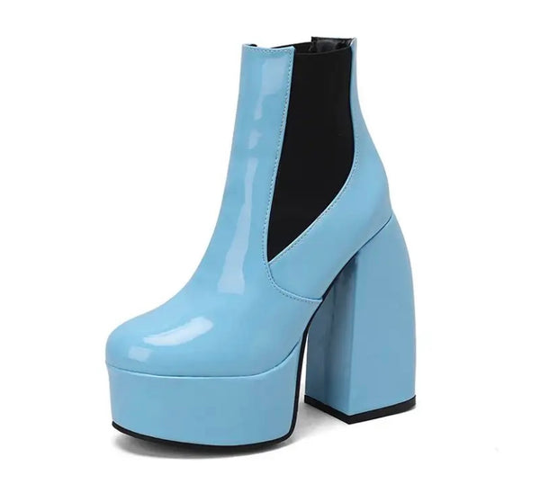 Women Fashion Round Toe Platform Patent Leather Ankle Boots