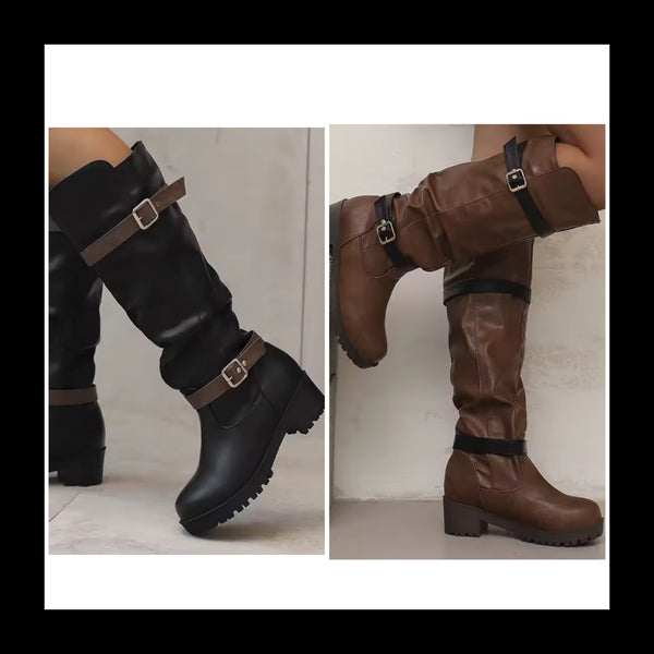 Women Round Toe Double Buckle Fashion Knee High Flat Boots