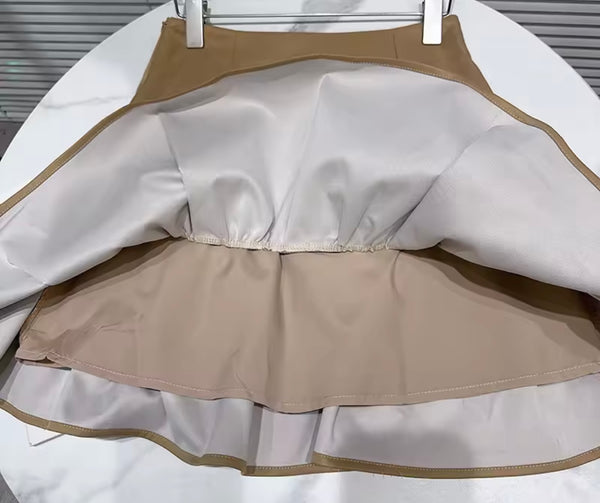 Women Khaki Ruffle Button Up Belted Two Piece Skirt Set
