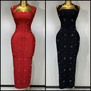 Women Sexy Halter Sleeveless Beaded Rhinestone Maxi Dress