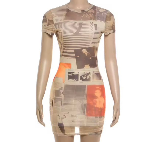 Women Sexy Printed Short Sleeve Mesh Dress