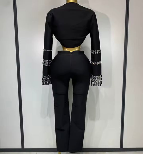 Women Black Crystal Patchwork Three Piece Pant Set