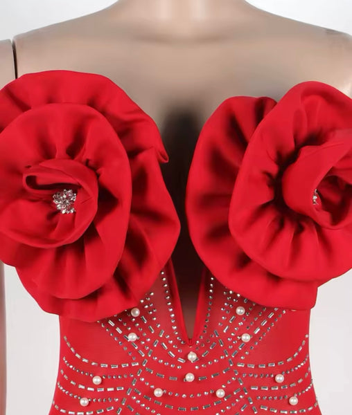 Women Sexy Strapless Red Beaded Mesh Dress
