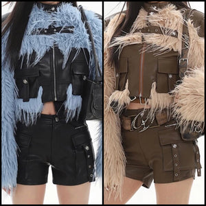 Women Fashion Color Faux Fur Leather Patchwork Jacket