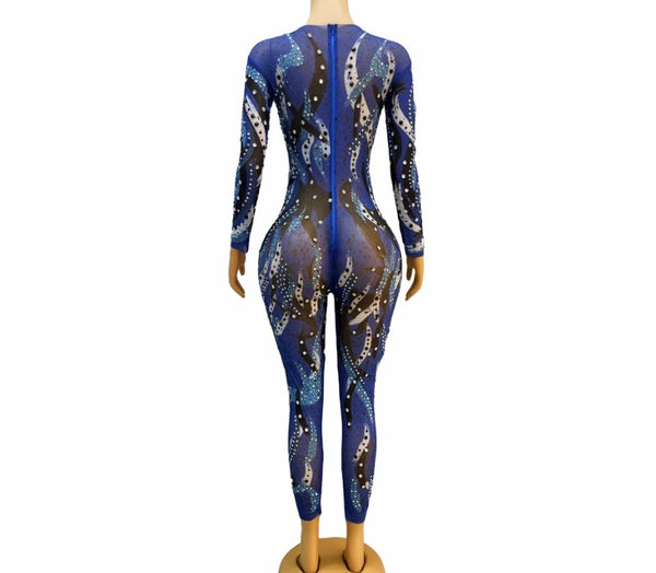 Women Sexy Color Patchwork Beaded Bling Full Sleeve Jumpsuit