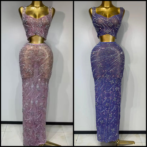 Women Sexy Sleeveless Beaded Pearl Rhinestone Two Piece Skirt Set