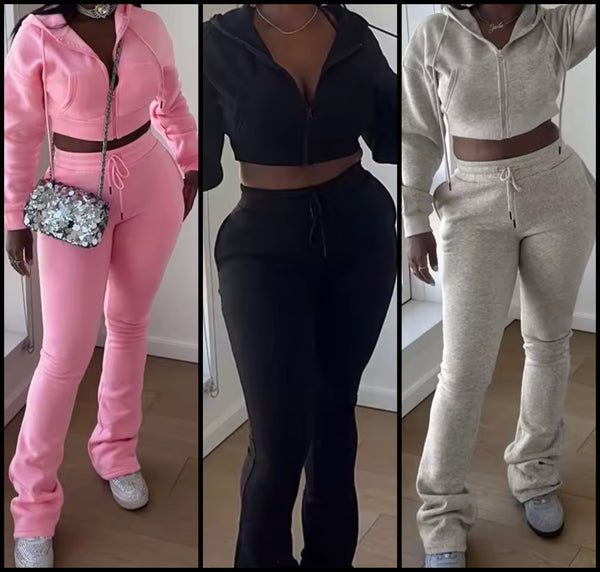 Women Fashion Hooded Zip Up Crop Two Piece Tracksuit Pant Set