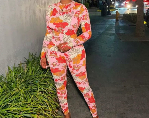 Women Fashion Pink Floral Full Sleeve Jumpsuit