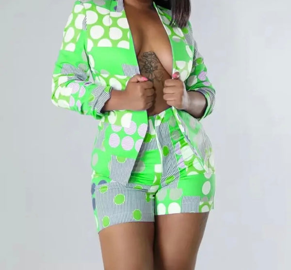 Women Colorful Print Full Sleeve Fashion Blazer Two Piece Short Set
