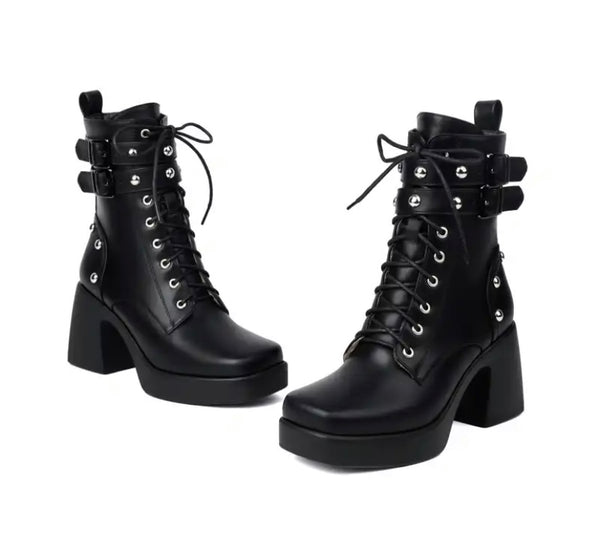 Women Fashion Platform Buckled Lace Up Ankle Boots