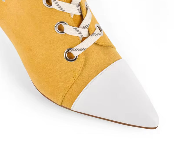 Women Fashion Pointed Toe Color Patchwork Tie Up Ankle Boots