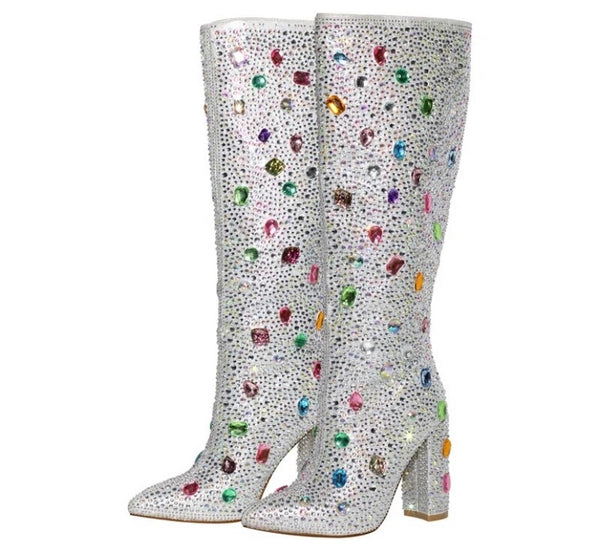 Women Fashion Silver Colorful Gem Ankle/Knee High Boots