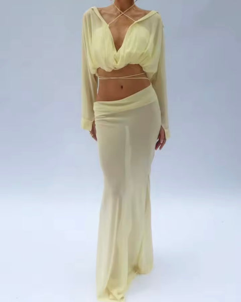 Women Sexy Yellow Full Sleeve Mesh Two Piece Maxi Skirt Set