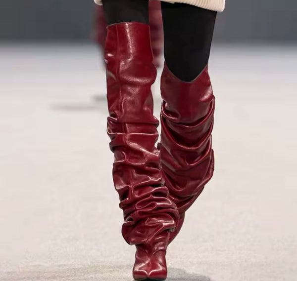 Women Fashion Faux Leather Ruched Ankle/Knee High Boots