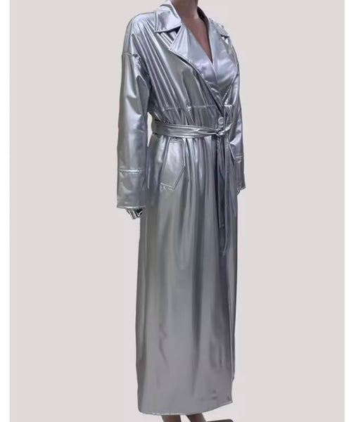 Women Silver Fashion PU Leather Trench Jacket