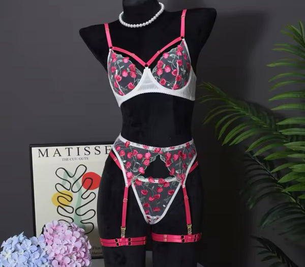 Women White Pink Heart Sexy Mesh Lingerie Set