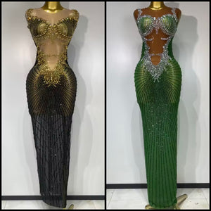 Women Sexy Sleeveless Bling Rhinestone Mesh Maxi Dress