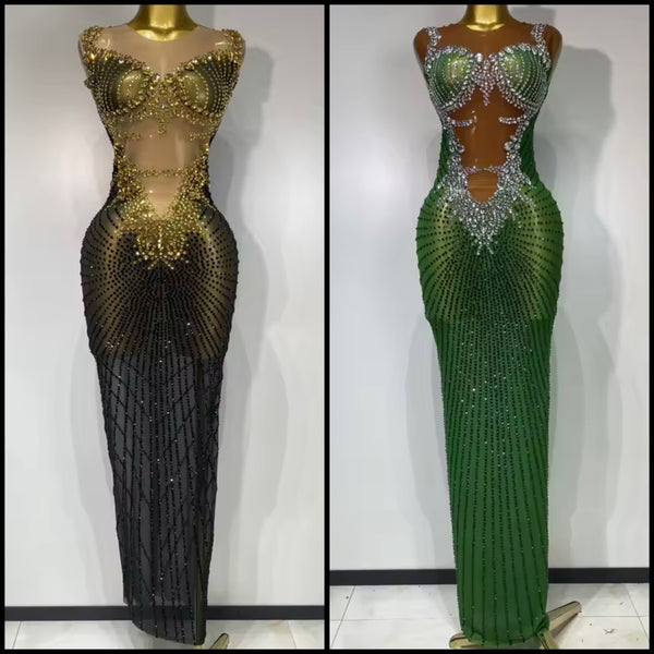 Women Sexy Sleeveless Bling Rhinestone Mesh Maxi Dress