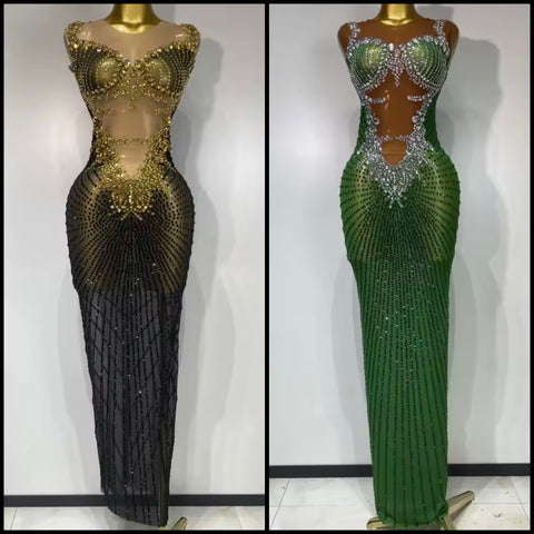Women Sexy Sleeveless Bling Rhinestone Mesh Maxi Dress