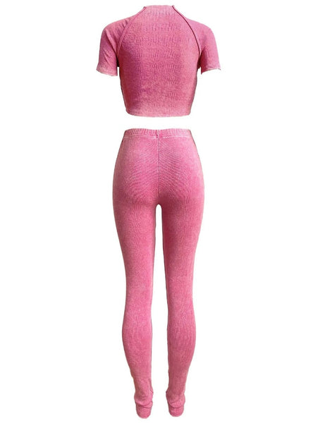 Women Fashion Ribbed Short Sleeve Two Piece Pant Set
