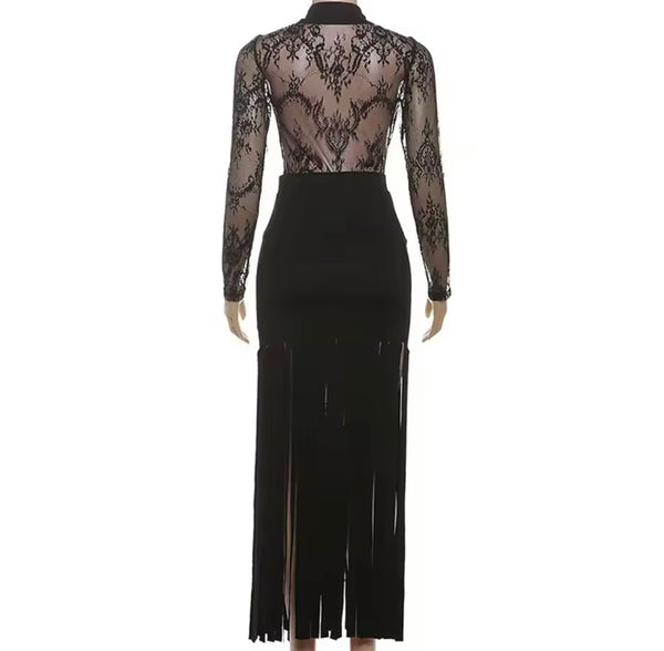 Women Sexy Black Full Sleeve Lace Patchwork Fringe Tassel Dress