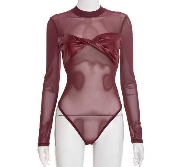 Women PU Mesh Full Sleeve Fashion Bodysuit Top