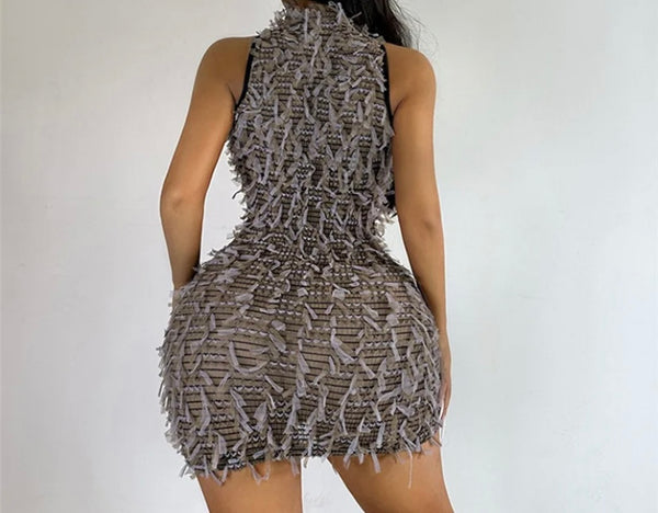 Women Sexy Sleeveless Color Fringe Mesh Dress