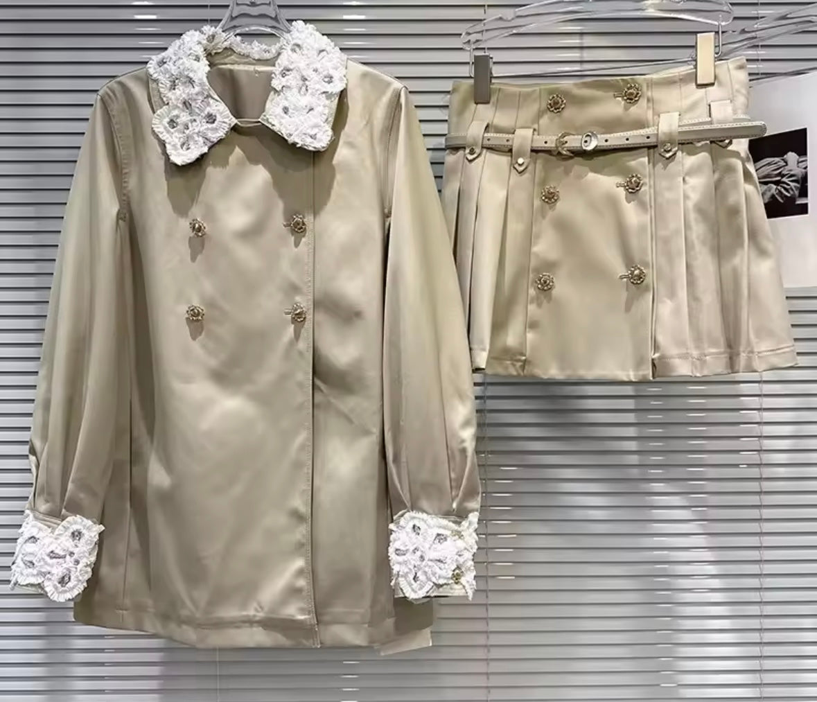 Women Floral Double-Breasted Trench Two Piece Pleated Skirt Set