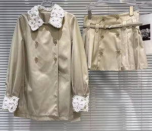 Women Floral Double-Breasted Trench Two Piece Pleated Skirt Set