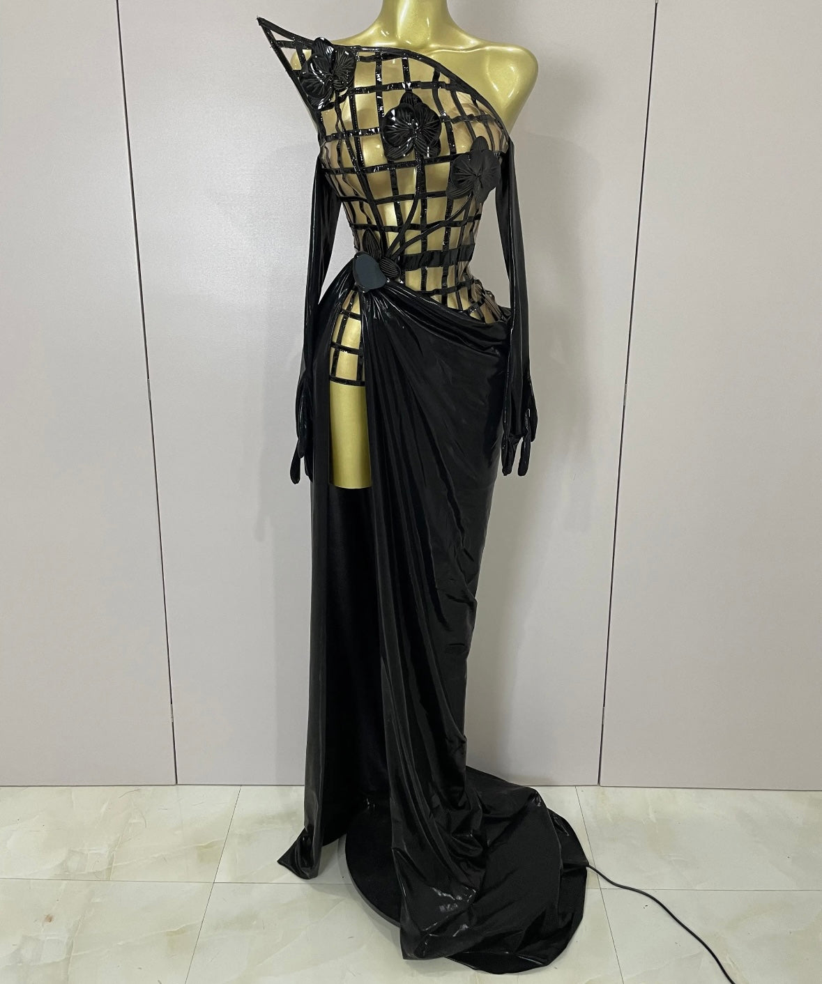 Women Sexy Strapless Glove 3D Floral Two Piece Maxi Skirt Set