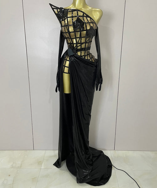 Women Sexy Strapless Glove 3D Floral Two Piece Maxi Skirt Set