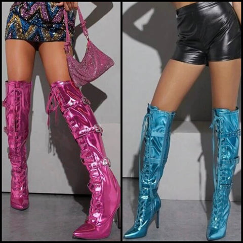 Women Fashion Color PU Lace Up Buckled Over The Knee Boots