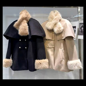 Women Fashion Fur Patchwork Belted Jacket