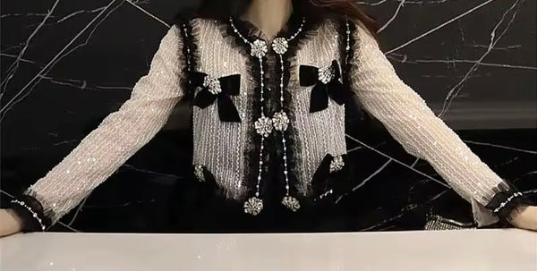 Women B&W Beaded Rhinestone See Through Mesh Jacket