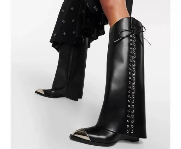 Women Fashion Lace Up Knee High Western Boots