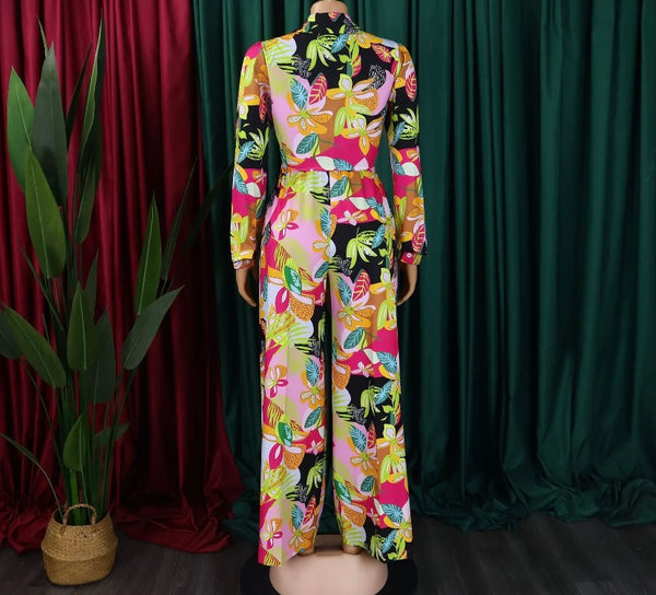 Women Fashion Button Up Floral Full Sleeve Two Piece Pant Set