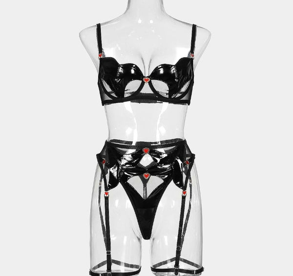 Women Sexy Black Heart PU Lingerie Set