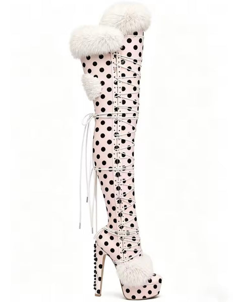 Women Fur Polka Dot Lace Up Over The Knee Platform High Heel Boots