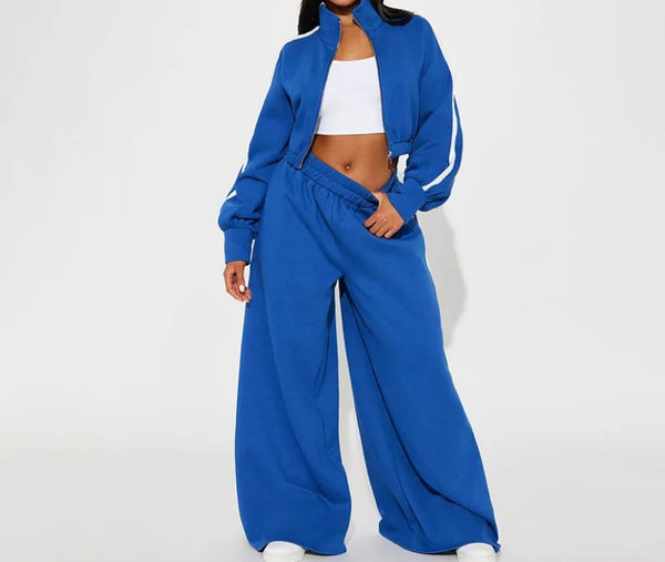 Women Fashion Color Striped Tracksuit Two Piece Crop Pant Set