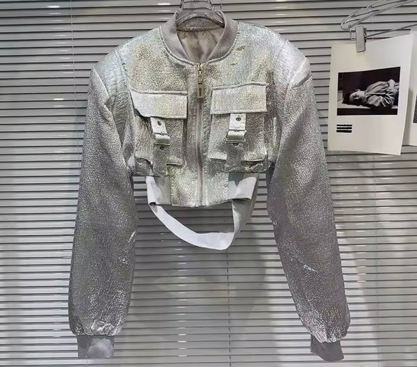 Women Color Fashion Buckled Zip Up Crop Jacket