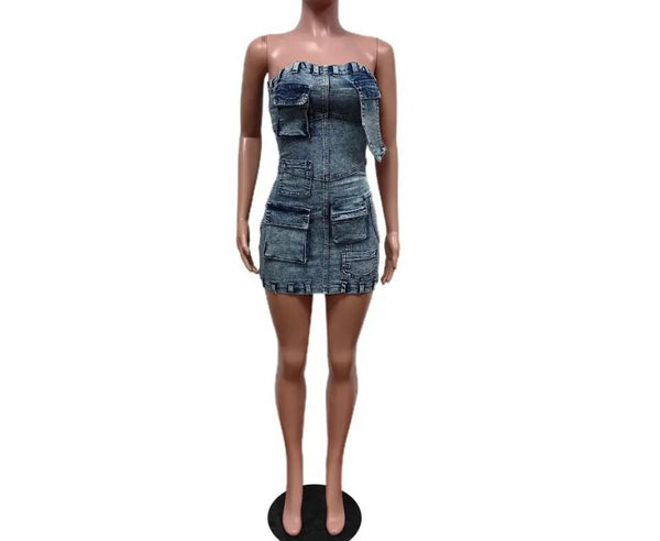 Women Sexy Fashion Strapless Denim Pocket Dress