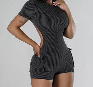 Women Sexy Short Sleeve Ribbed Open Back Romper